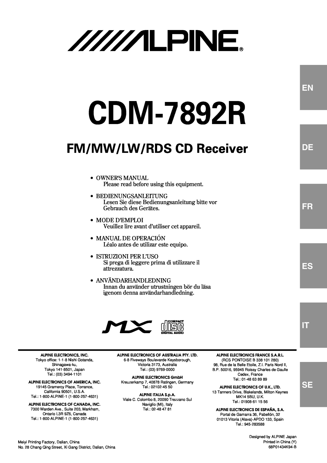 Alpine CDM-7892R owner manual FM/MW/LW/RDS CD Receiver, Fr Es It 
