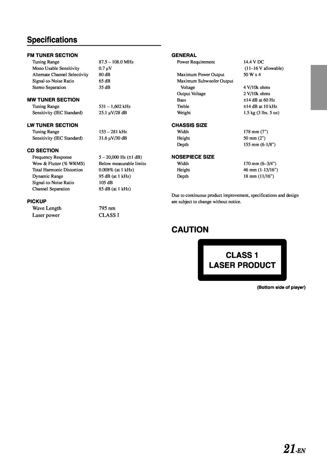 Alpine CDM-7892R owner manual Specifications, Class Laser Product, 21-EN 