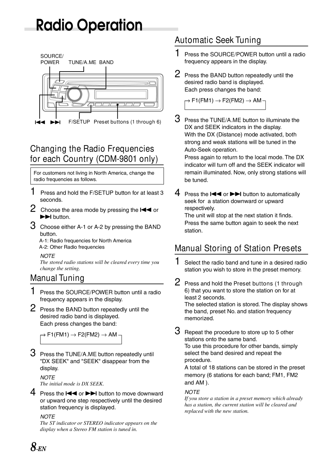 Alpine cdm-9803, CDM-9801 Radio Operation, Manual Tuning, Automatic Seek Tuning, Manual Storing of Station Presets 