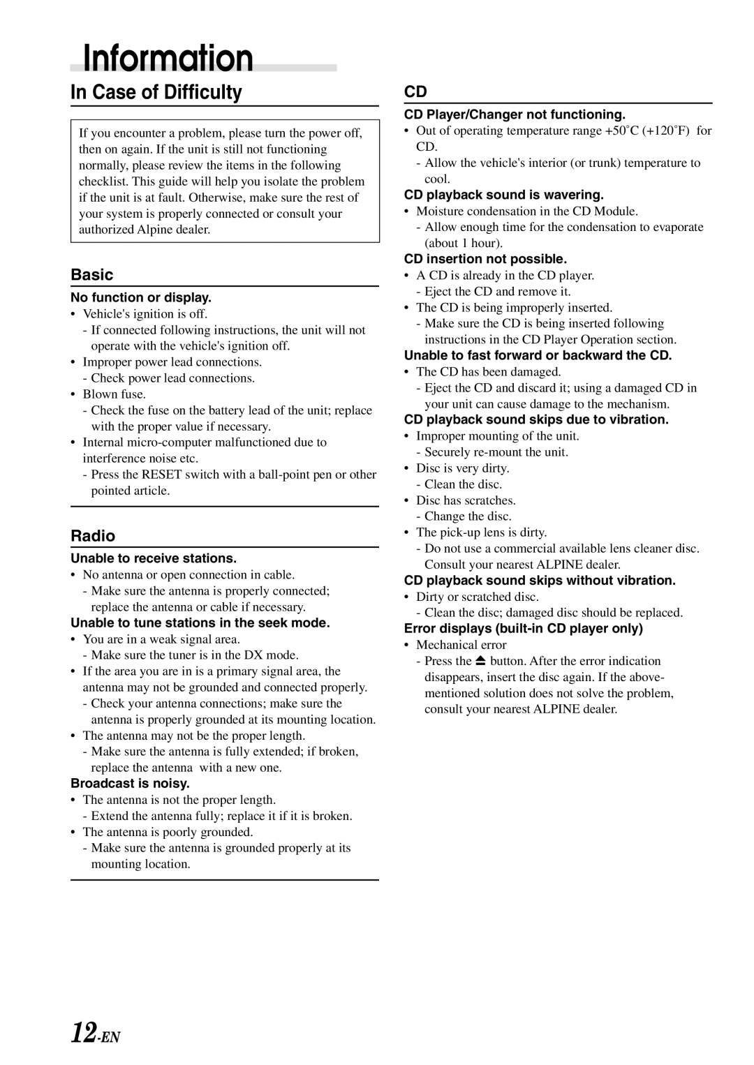 Alpine cdm-9803, CDM-9801 owner manual Information, Case of Difficulty 