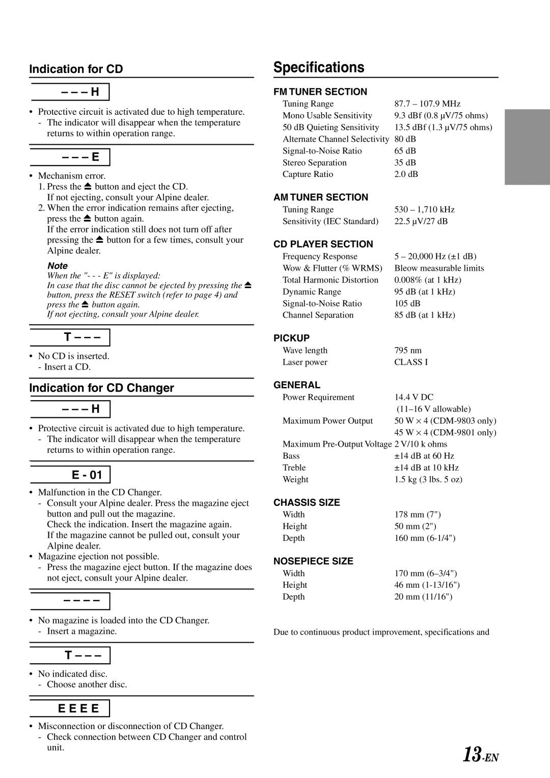 Alpine CDM-9801, cdm-9803 owner manual Specifications, Indication for CD 