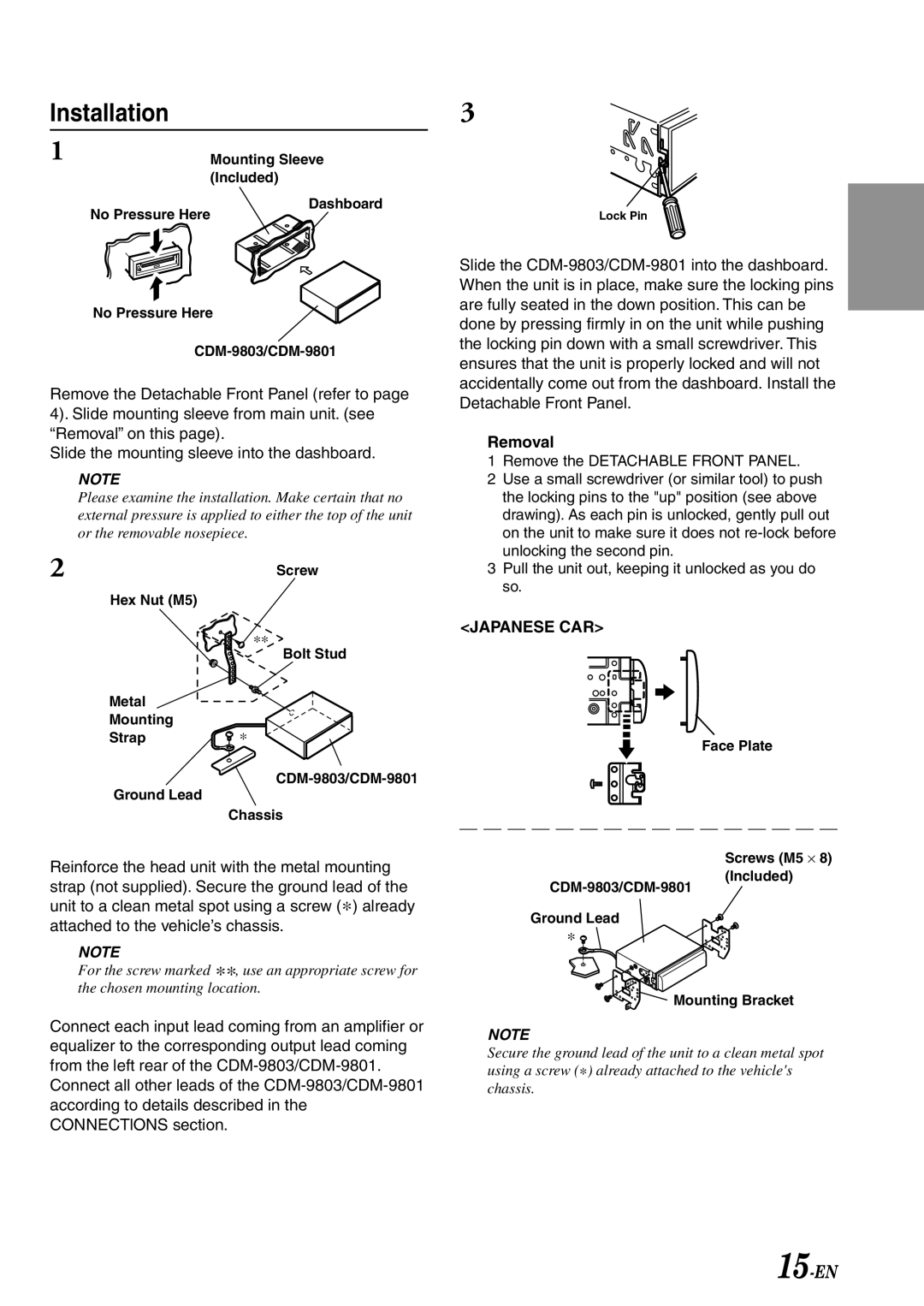 Alpine CDM-9801, cdm-9803 owner manual Installation, Removal 