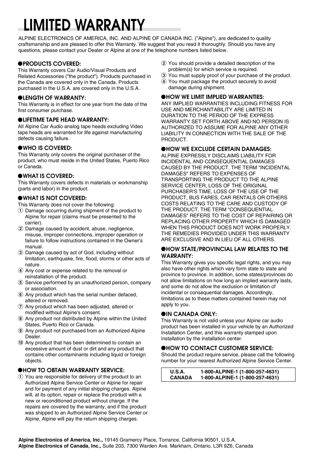 Alpine cdm-9803, CDM-9801 owner manual Limited Warranty 