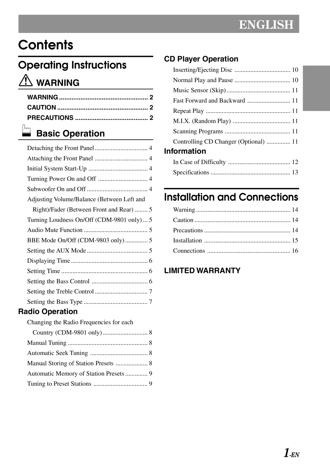 Alpine CDM-9801, cdm-9803 owner manual Contents 