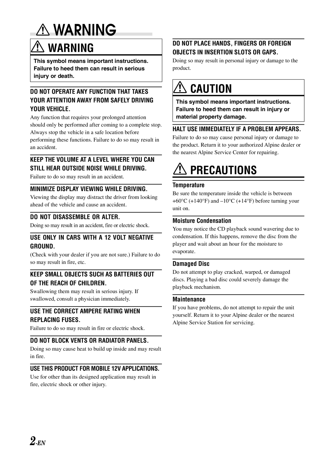 Alpine cdm-9803, CDM-9801 owner manual Temperature, Moisture Condensation, Damaged Disc, Maintenance 