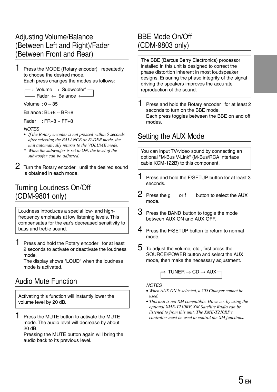 Alpine CDM-9801, cdm-9803 owner manual Audio Mute Function, Setting the AUX Mode 