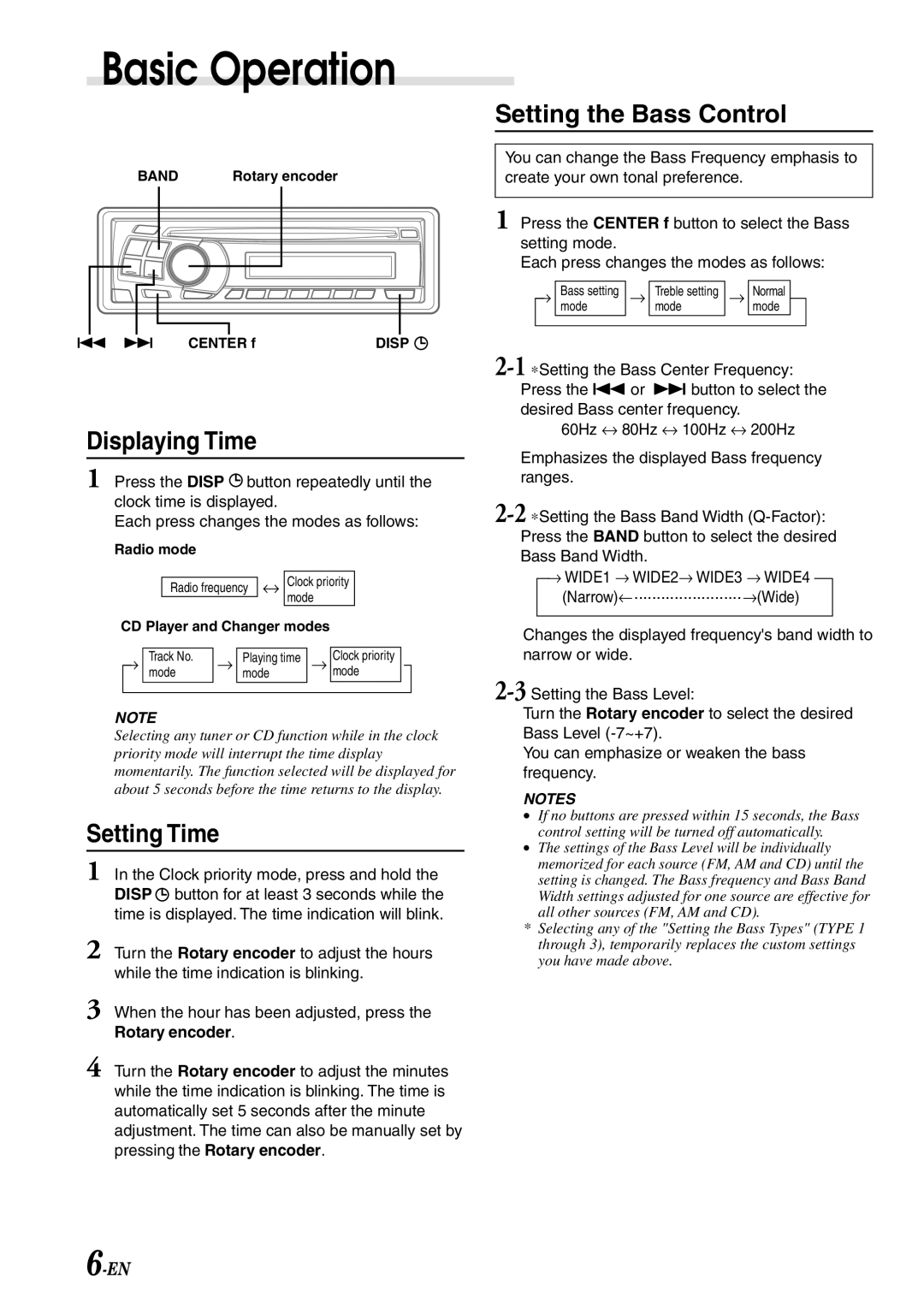 Alpine cdm-9803, CDM-9801 owner manual Displaying Time, Setting Time, Setting the Bass Control 