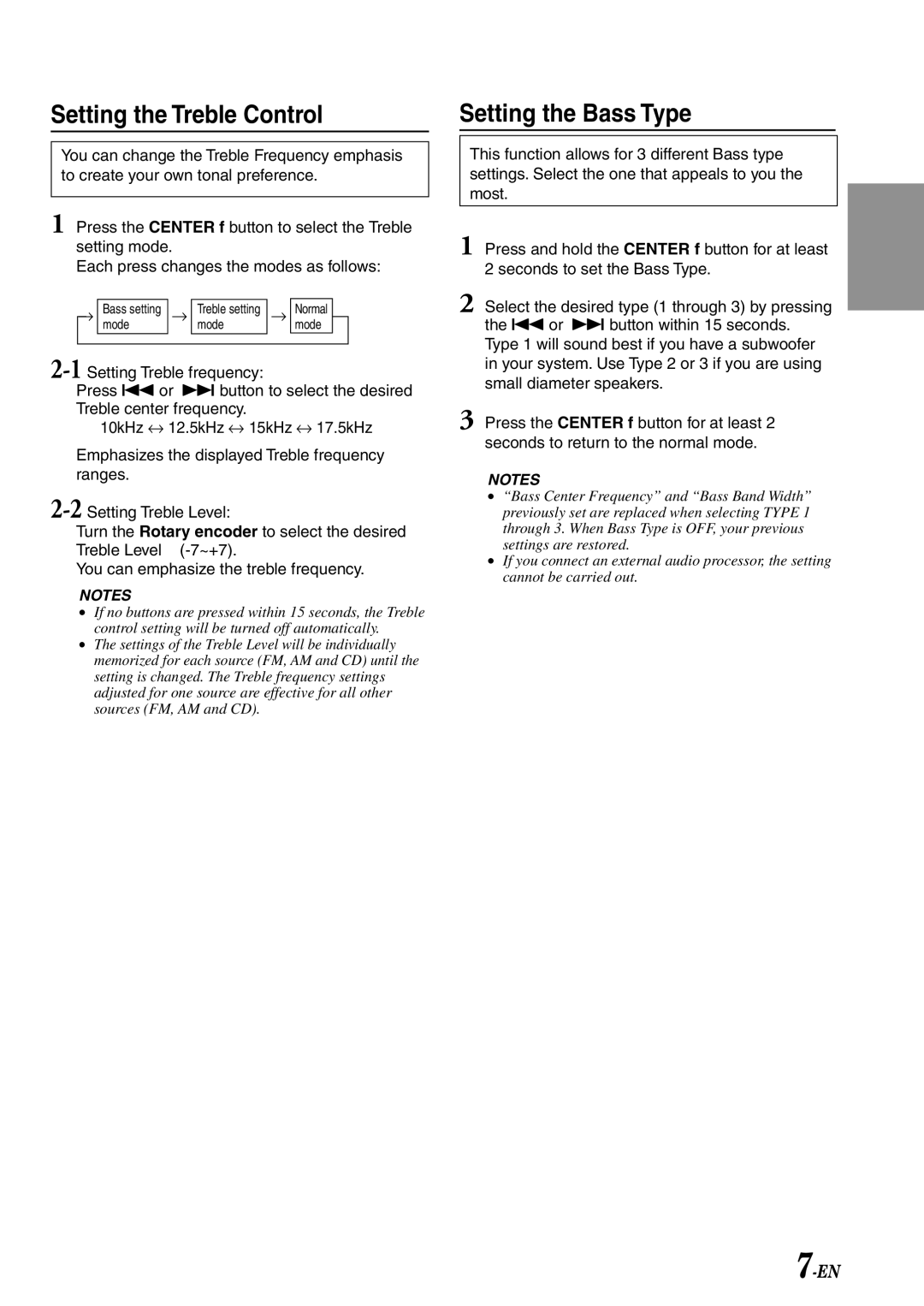 Alpine CDM-9801, cdm-9803 owner manual Setting the Treble Control Setting the Bass Type 