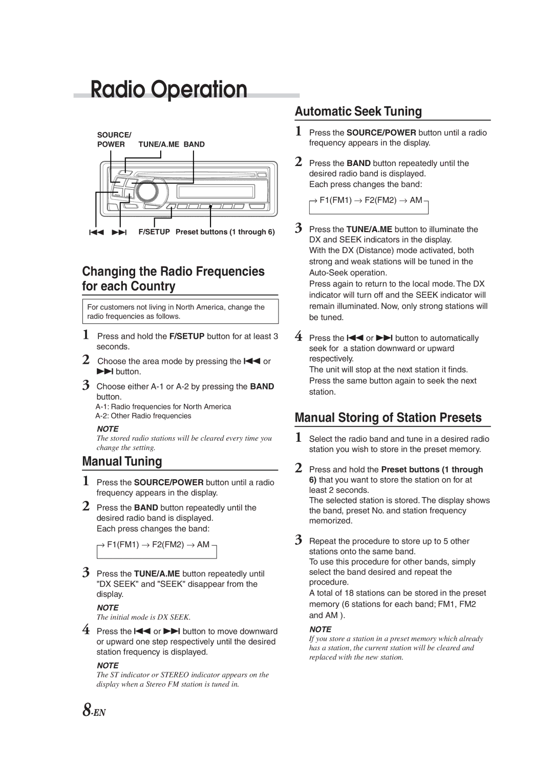 Alpine CDM-9823, cdm-9821 Radio Operation, Manual Tuning, Automatic Seek Tuning, Manual Storing of Station Presets 