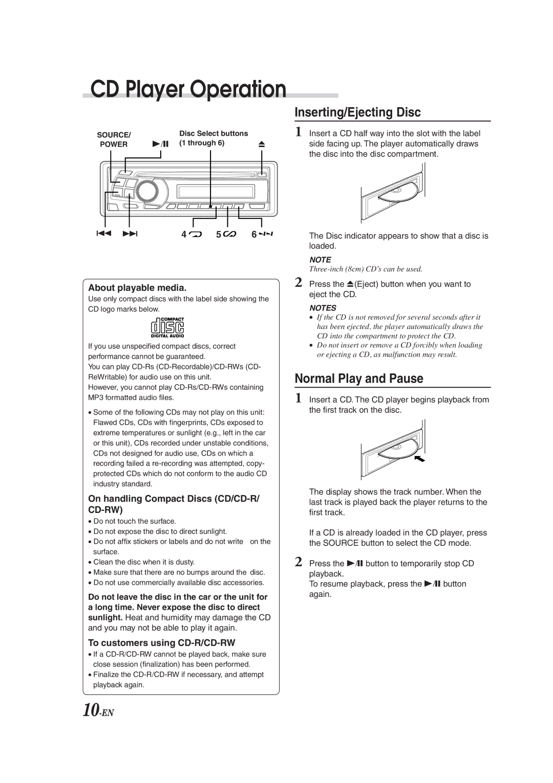 Alpine CDM-9823 Inserting/Ejecting Disc, Normal Play and Pause, About playable media, To customers using CD-R/CD-RW 