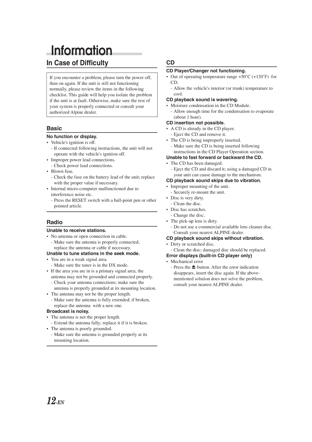 Alpine CDM-9823, cdm-9821 owner manual Information, Case of Difficulty 