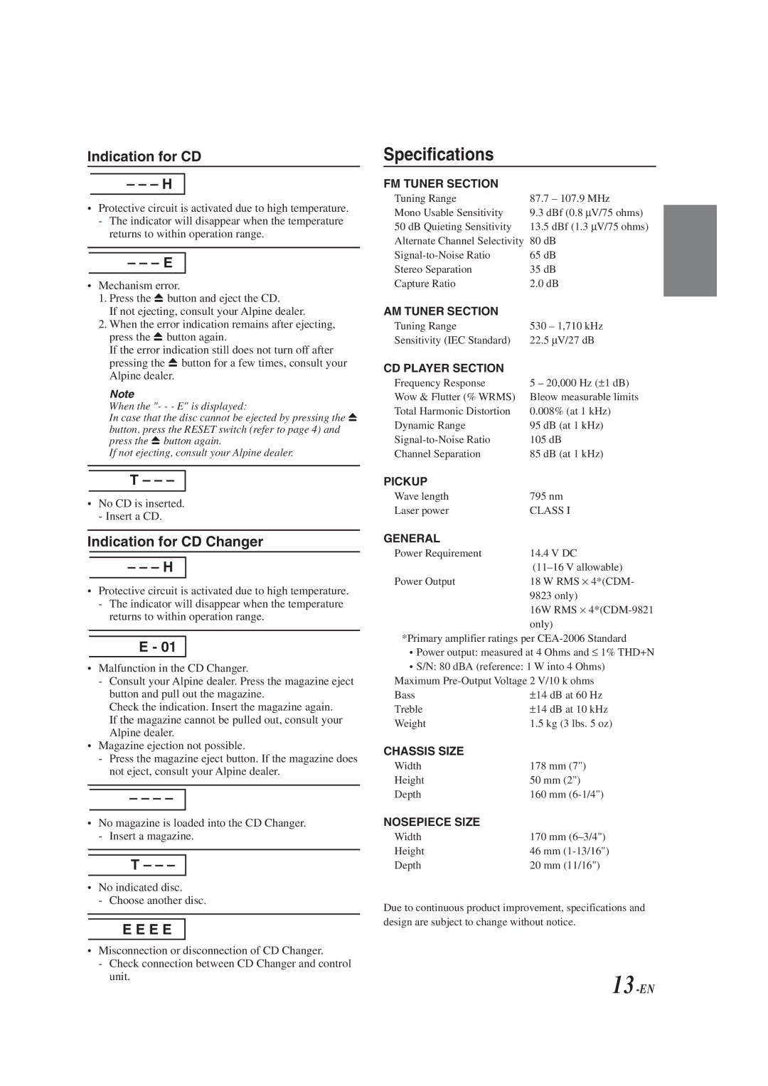 Alpine cdm-9821, CDM-9823 owner manual Specifications, Indication for CD 