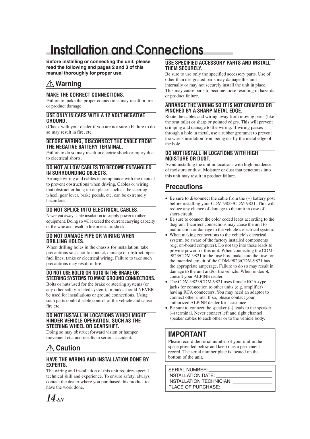 Alpine CDM-9823, cdm-9821 owner manual Installation and Connections, Precautions 