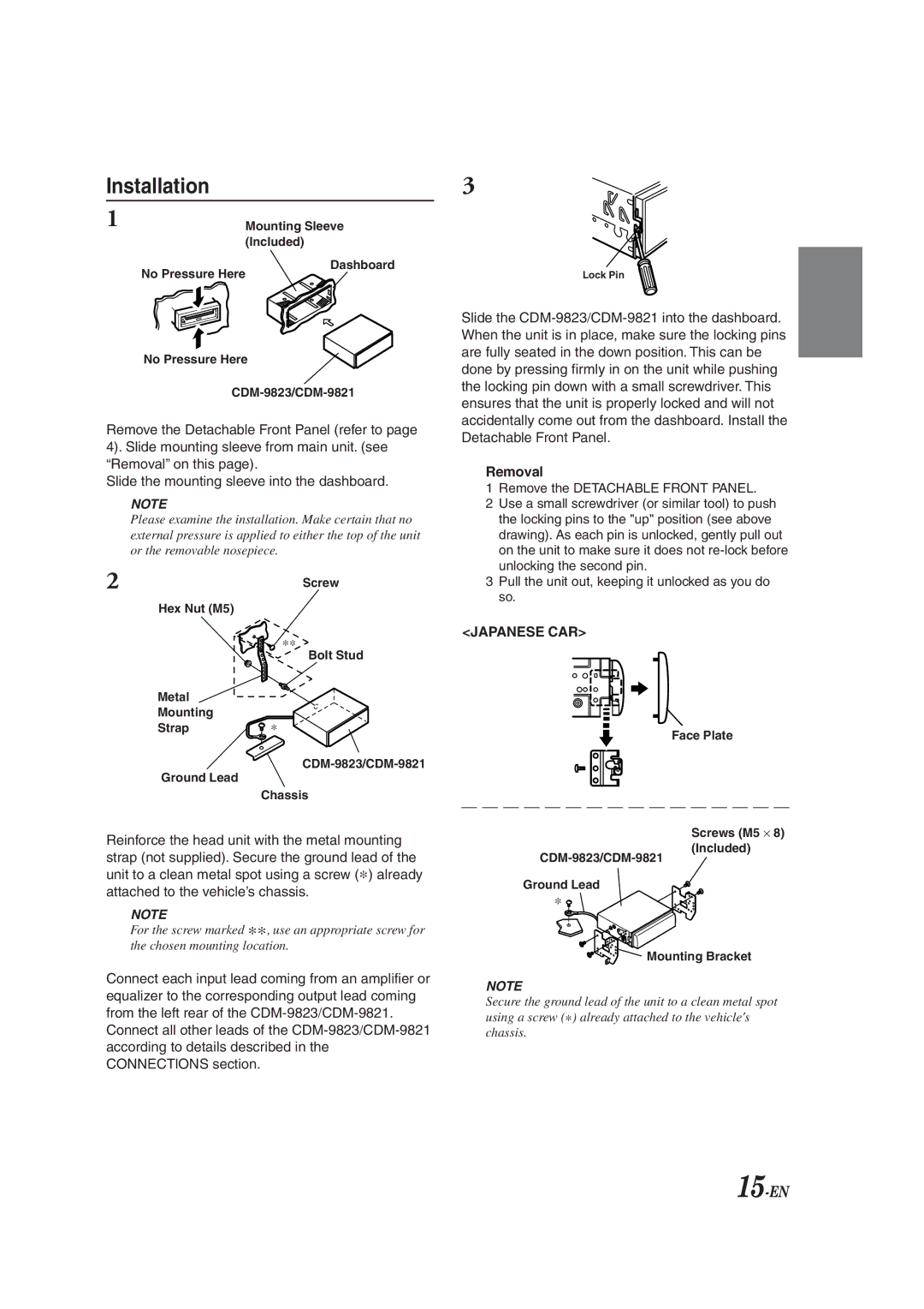 Alpine cdm-9821, CDM-9823 owner manual Installation, Removal 