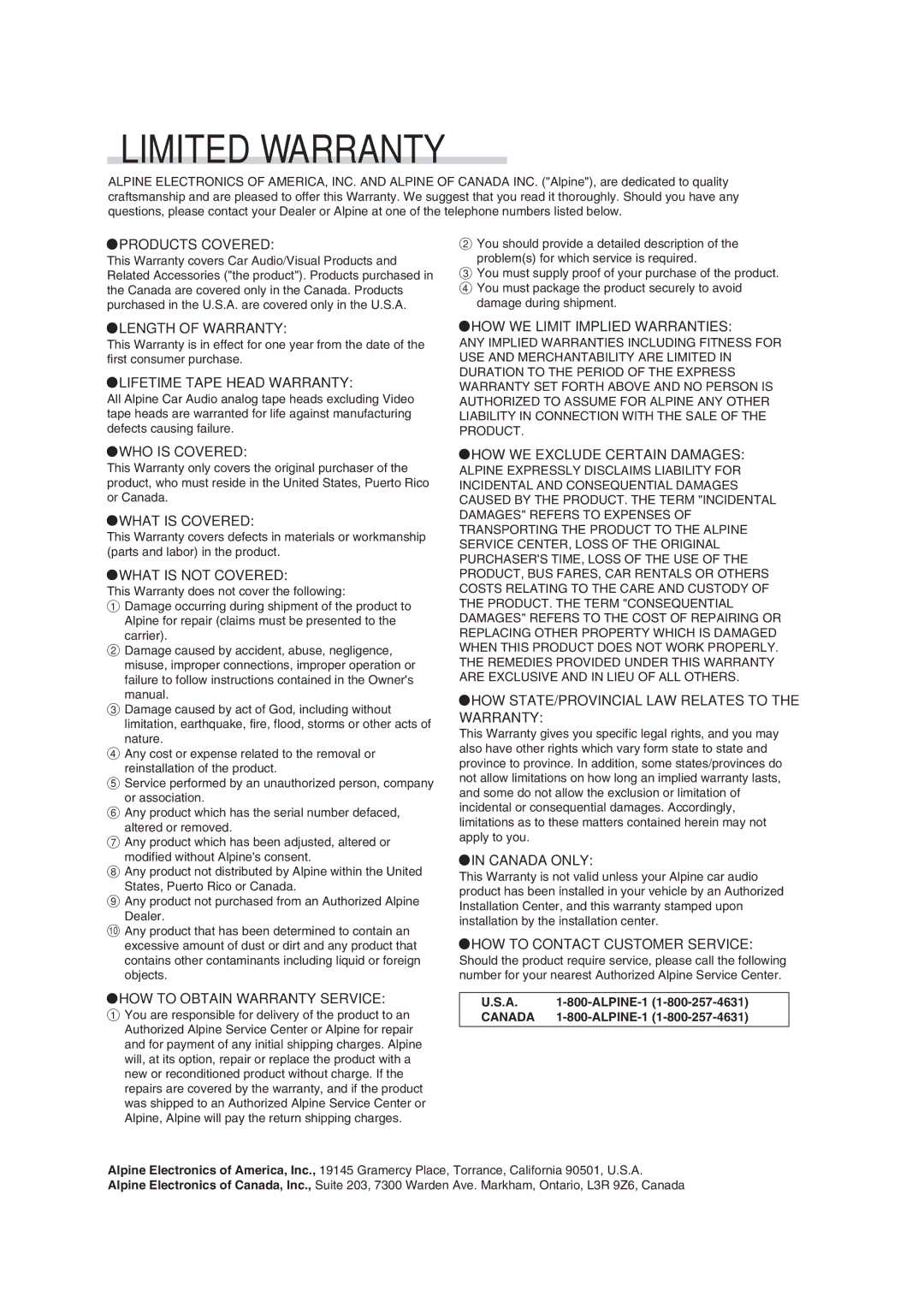 Alpine CDM-9823, cdm-9821 owner manual Limited Warranty 