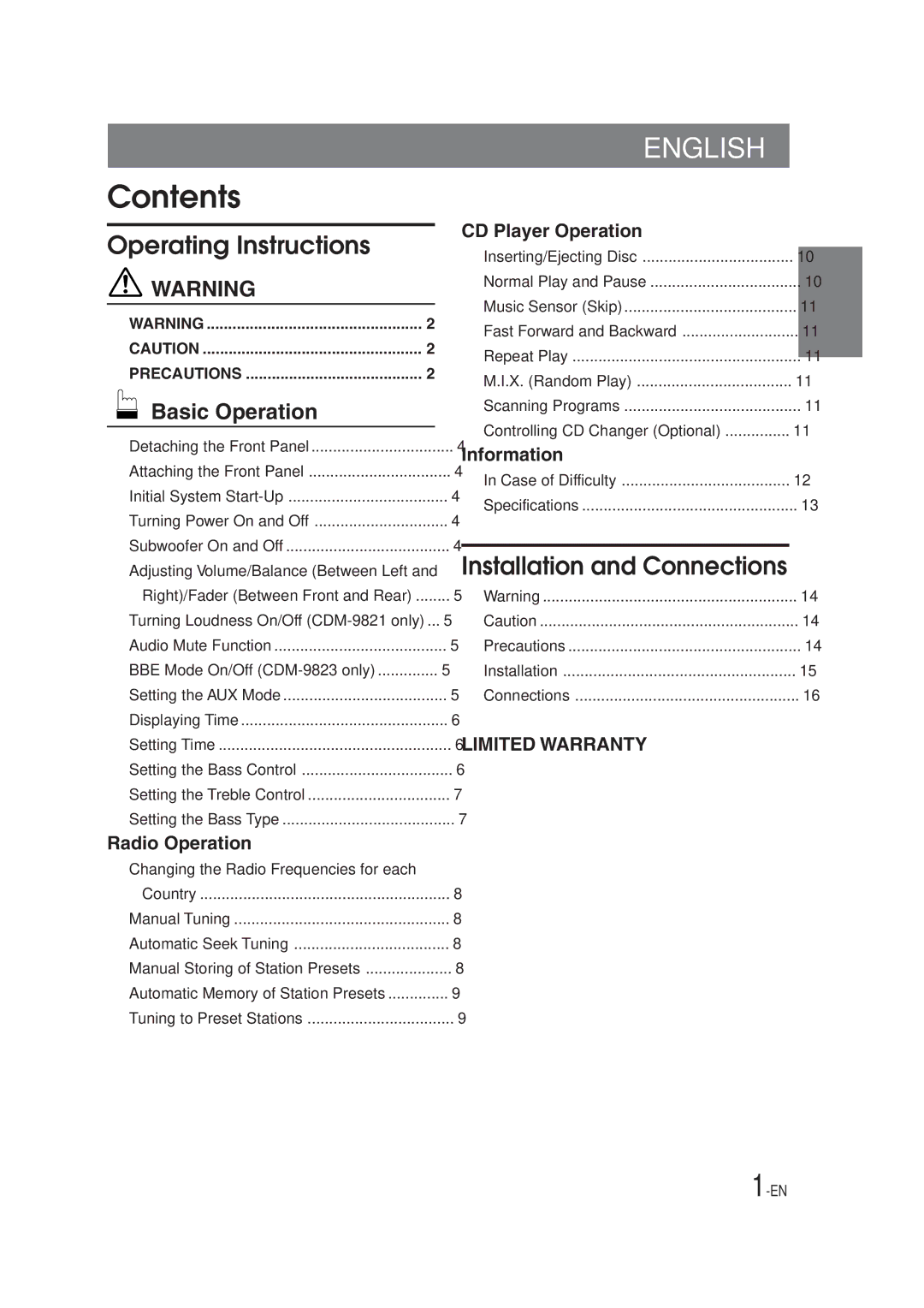 Alpine cdm-9821, CDM-9823 owner manual Contents 