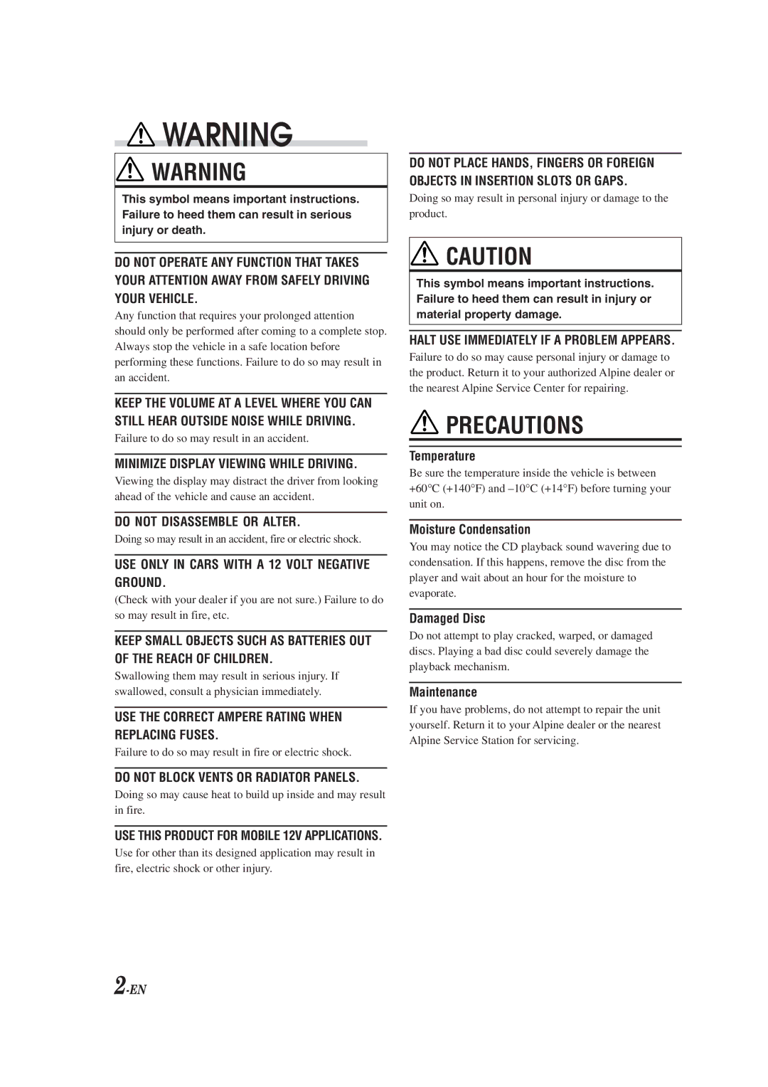 Alpine CDM-9823, cdm-9821 owner manual Temperature, Moisture Condensation, Damaged Disc, Maintenance 