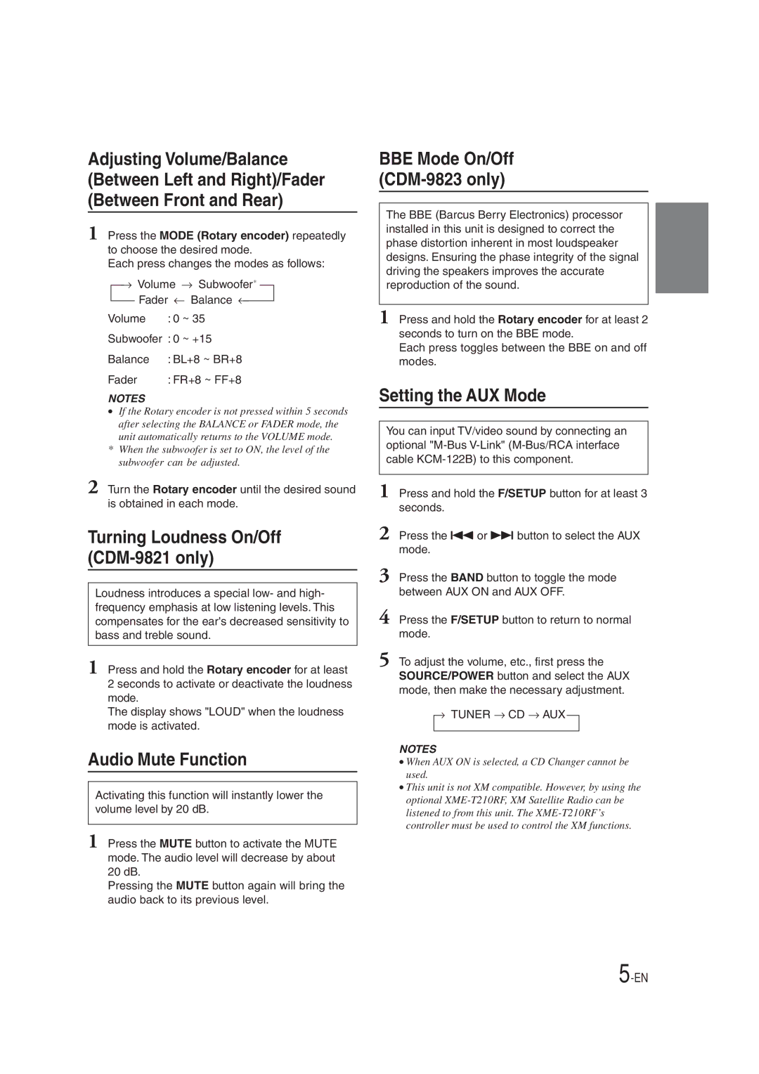 Alpine cdm-9821, CDM-9823 owner manual Audio Mute Function, Setting the AUX Mode 