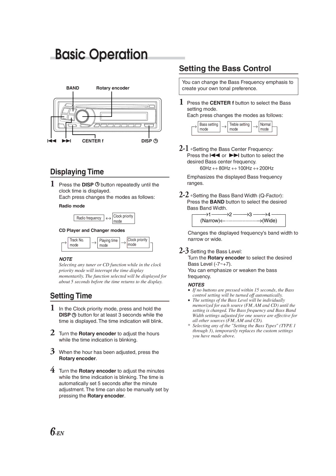 Alpine CDM-9823, cdm-9821 owner manual Displaying Time, Setting Time, Setting the Bass Control 