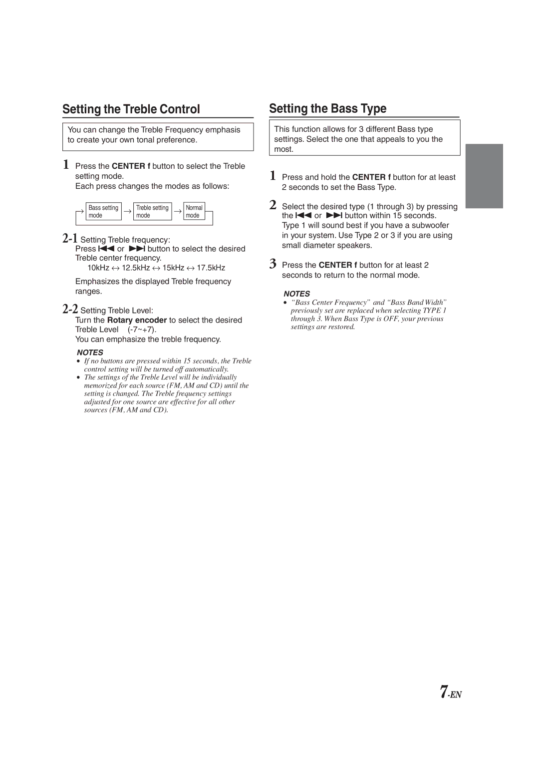 Alpine cdm-9821, CDM-9823 owner manual Setting the Treble Control Setting the Bass Type 