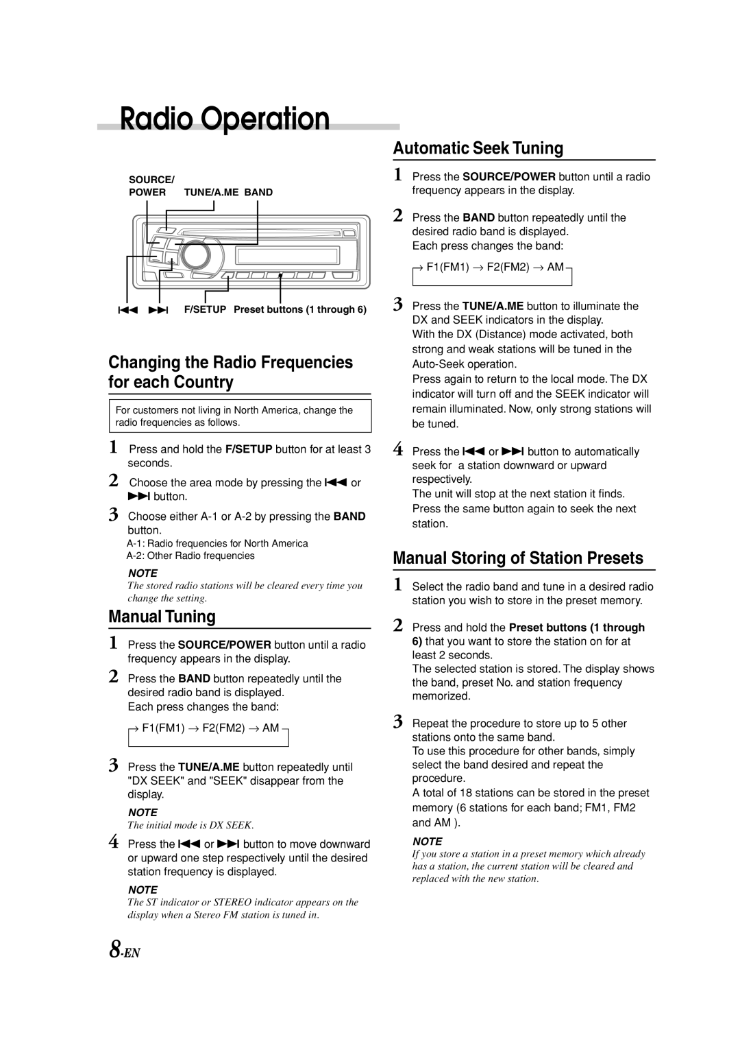 Alpine CDM-9823, CDM-9821 Radio Operation, Manual Tuning, Automatic Seek Tuning, Manual Storing of Station Presets 