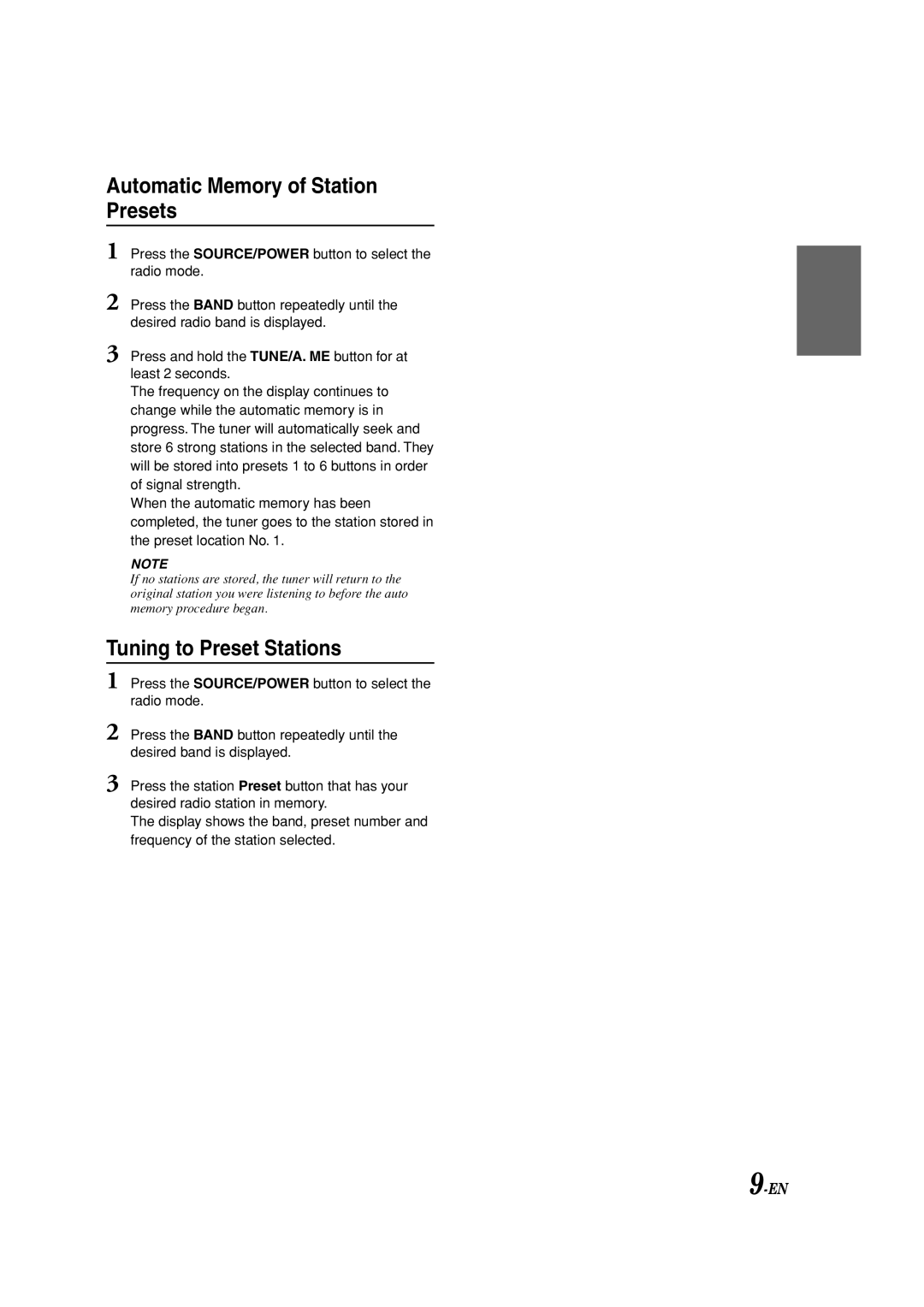 Alpine CDM-9823, CDM-9821 owner manual Automatic Memory of Station Presets, Tuning to Preset Stations 