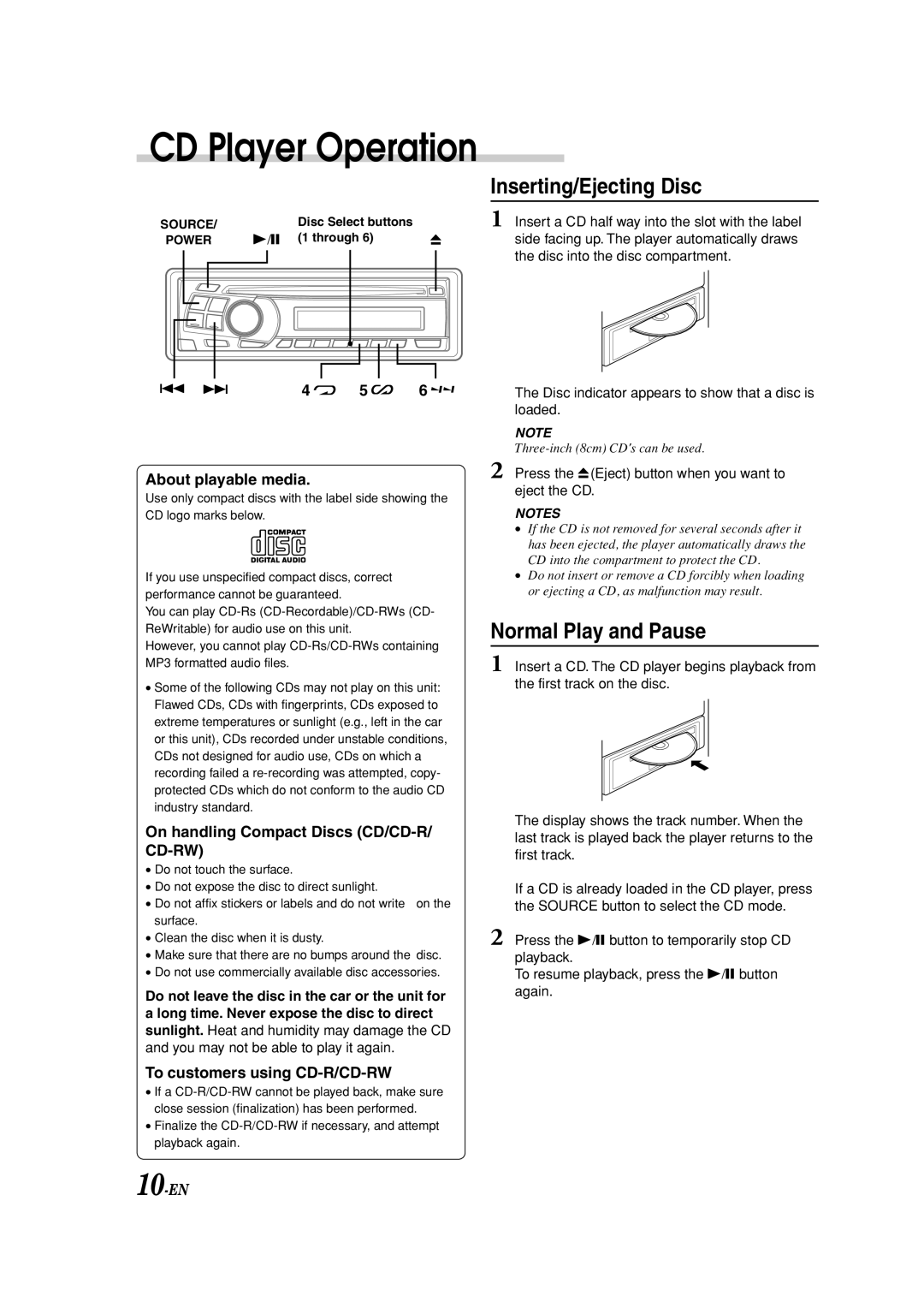 Alpine CDM-9823, CDM-9821 owner manual Inserting/Ejecting Disc, Normal Play and Pause, 4 5 About playable media 