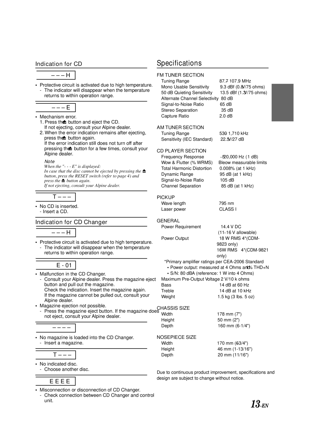 Alpine CDM-9823, CDM-9821 owner manual Specifications, Indication for CD 