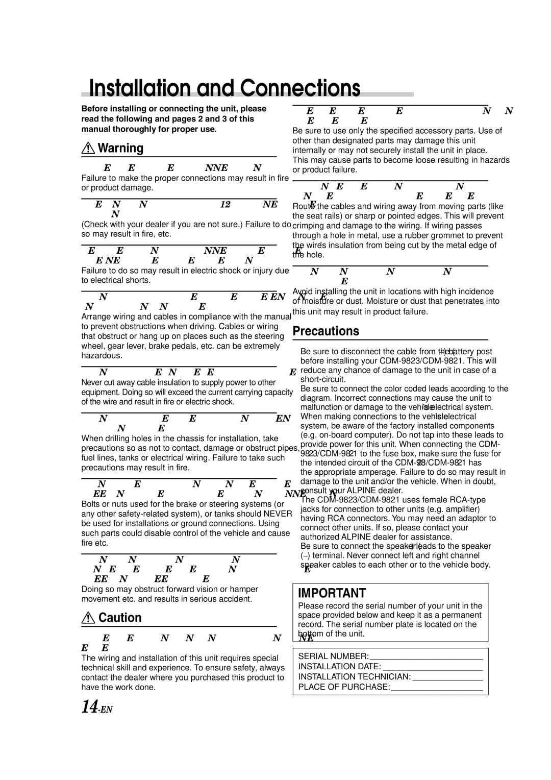 Alpine CDM-9823, CDM-9821 owner manual Installation and Connections, Precautions 