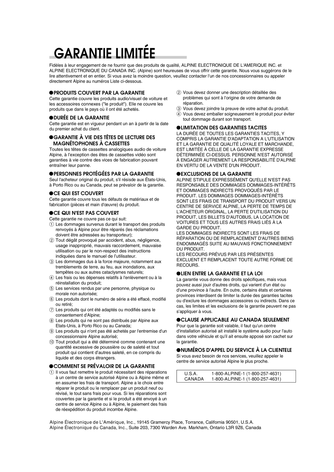 Alpine CDM-9823, CDM-9821 owner manual Garantie Limitée 