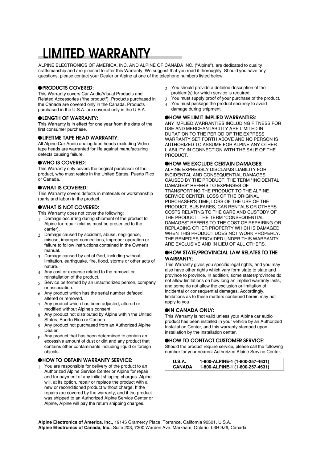 Alpine CDM-9823, CDM-9821 owner manual Limited Warranty 