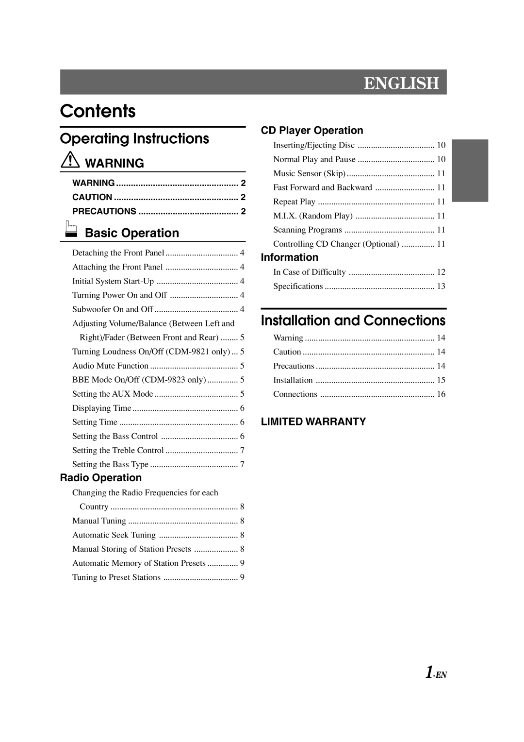 Alpine CDM-9823, CDM-9821 owner manual Contents 