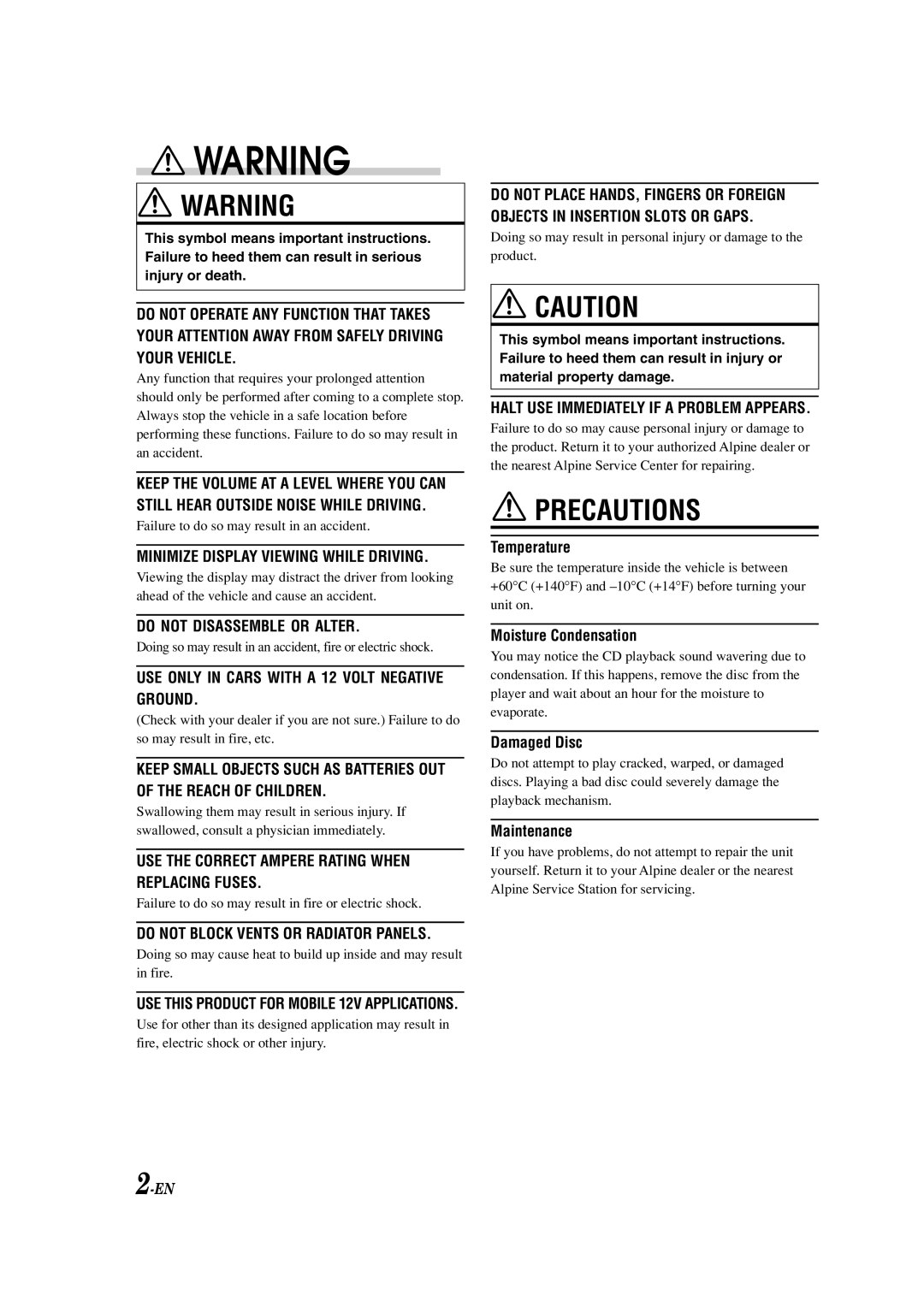 Alpine CDM-9823, CDM-9821 owner manual Temperature, Moisture Condensation, Damaged Disc, Maintenance 