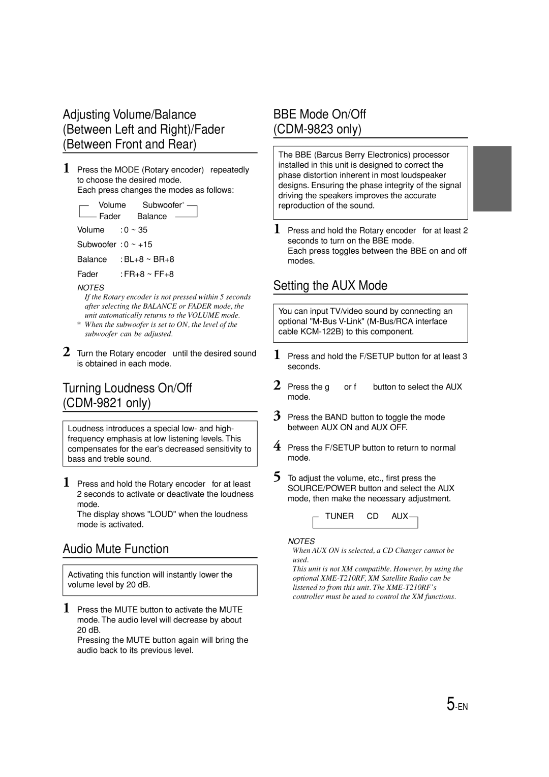 Alpine CDM-9823, CDM-9821 owner manual Audio Mute Function, Setting the AUX Mode 