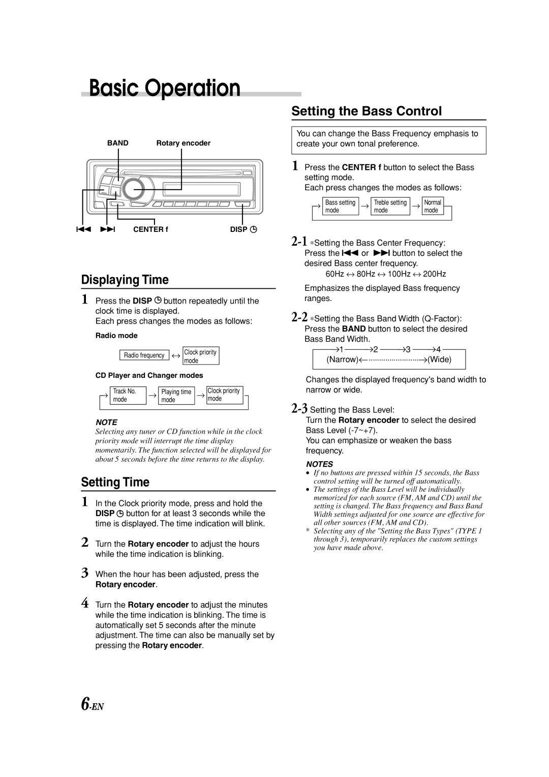 Alpine CDM-9823, CDM-9821 owner manual Displaying Time, Setting Time, Setting the Bass Control 