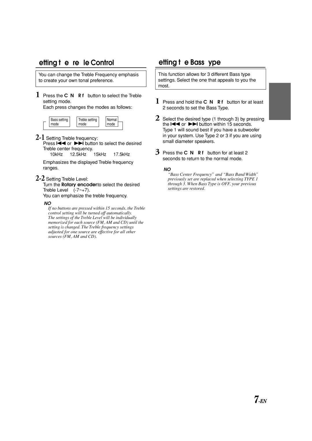 Alpine CDM-9823, CDM-9821 owner manual Setting the Treble Control Setting the Bass Type 