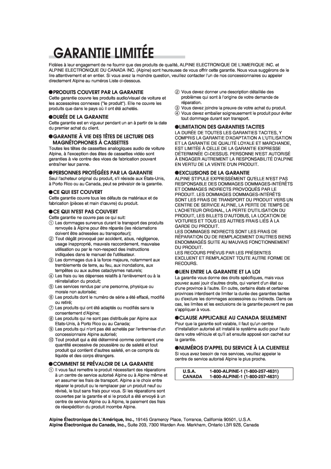 Alpine CDM-9823, CDM-9821 owner manual Garantie Limitée 