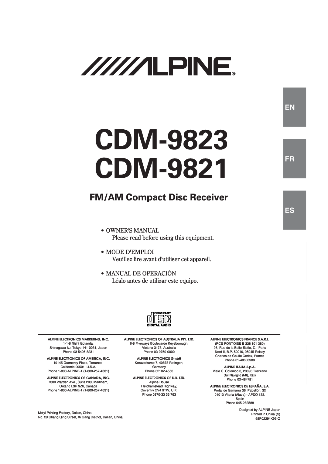 Alpine cdm-9821 owner manual CDM-9823 CDM-9821, FM/AM Compact Disc Receiver, Es Es It, Léalo antes de utilizar este equipo 