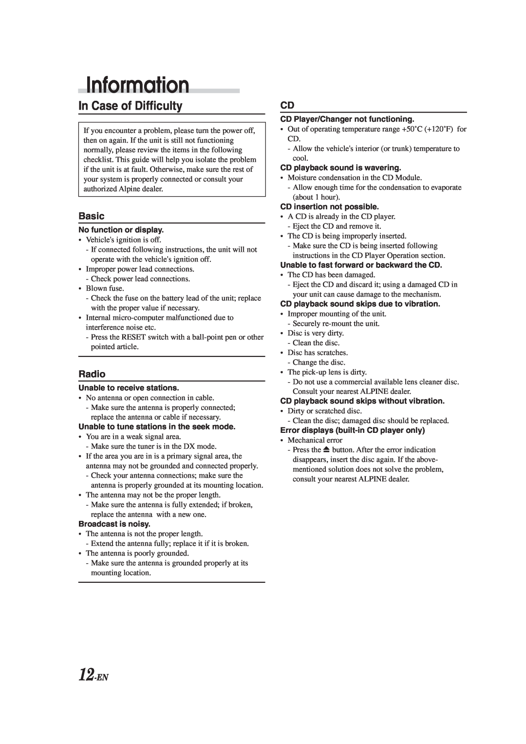 Alpine CDM-9823, cdm-9821 owner manual Information, In Case of Difficulty, Basic, Radio, 12-EN 