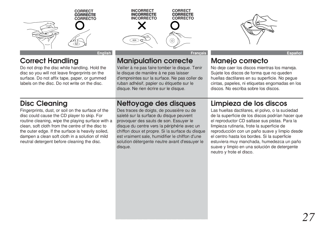 Alpine CHM-S653RF Correct Handling, Manipulation correcte, Manejo correcto, Disc Cleaning, Nettoyage des disques 