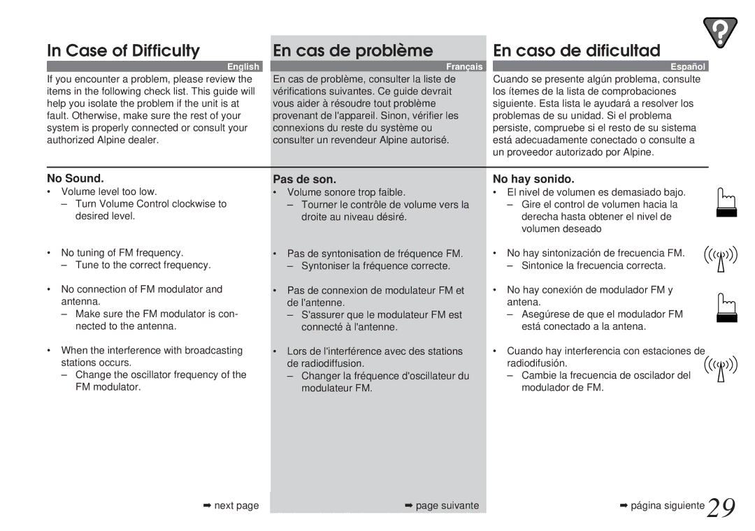 Alpine CHM-S653RF Case of Difficulty En cas de problème En caso de dificultad, No Sound Pas de son No hay sonido 