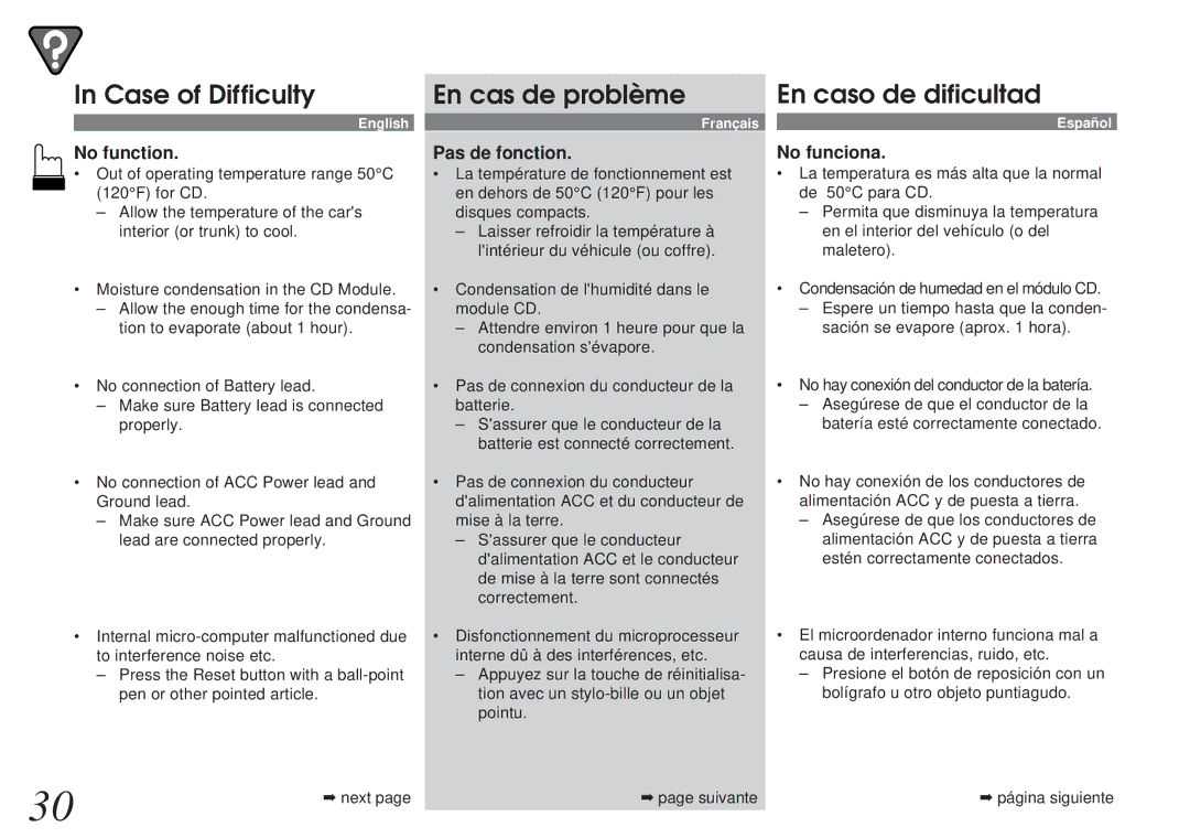 Alpine CHM-S653RF owner manual Case of Difficulty En cas de problème, No function Pas de fonction 