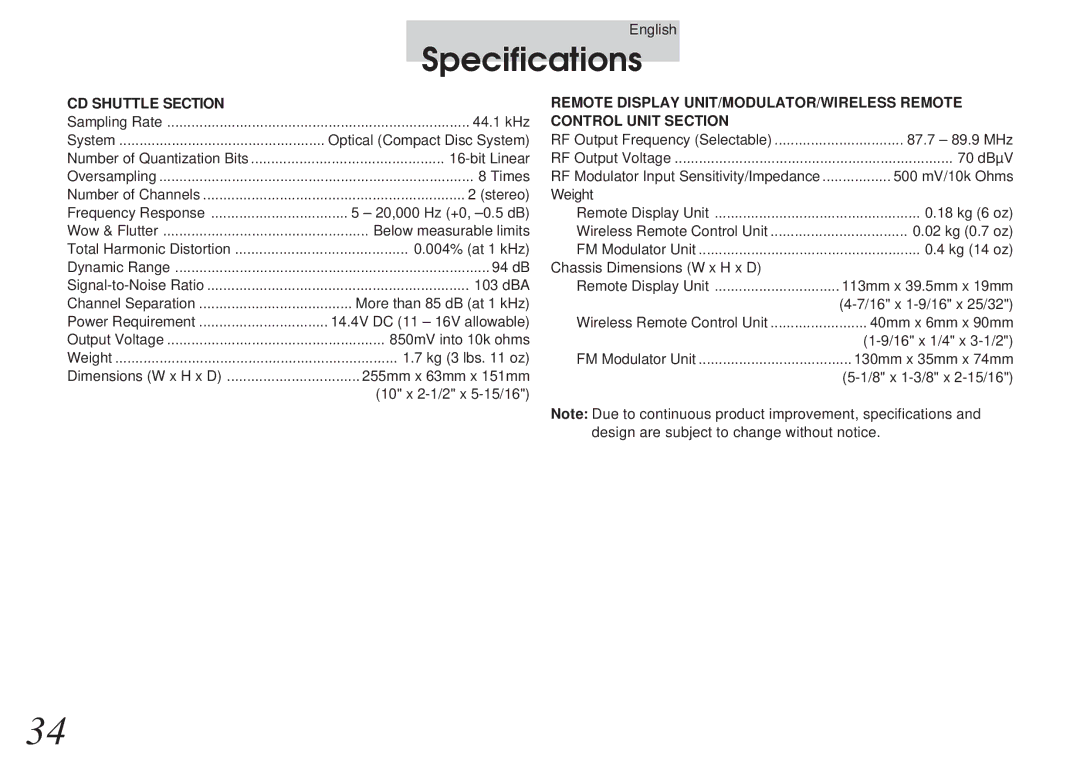 Alpine CHM-S653RF owner manual Specifications, CD Shuttle Section 