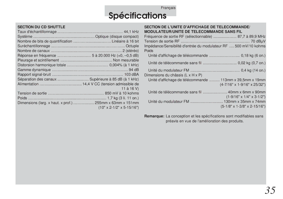 Alpine CHM-S653RF owner manual Spécifications, Section DU CD Shuttle 