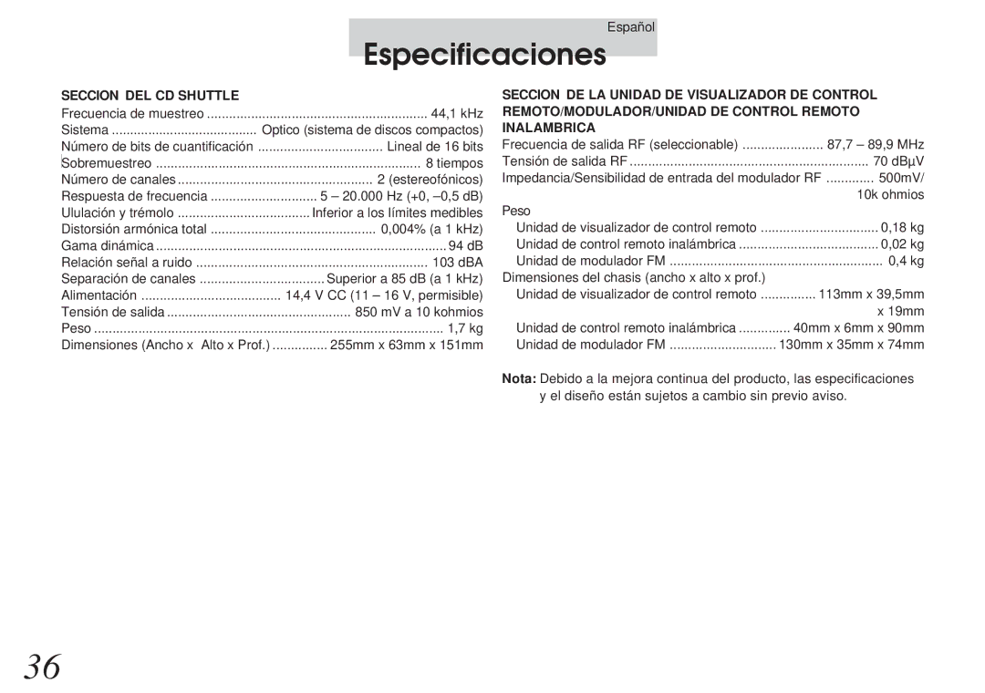 Alpine CHM-S653RF owner manual Especificaciones, Seccion DEL CD Shuttle 