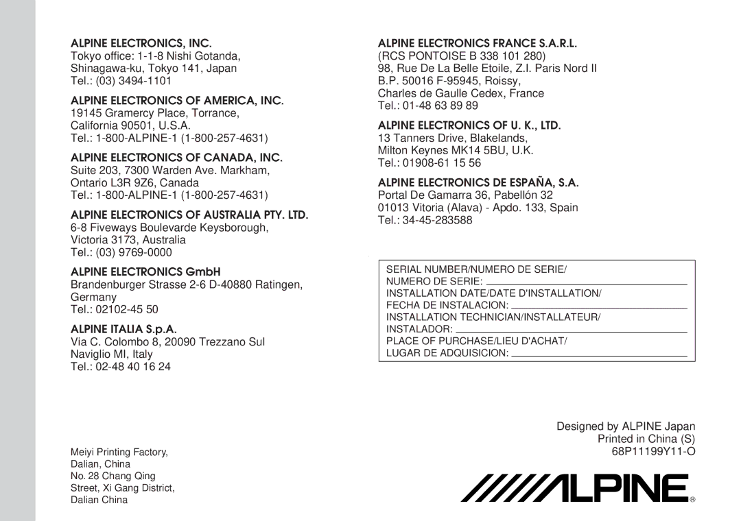 Alpine CHM-S653RF owner manual Alpine ELECTRONICS, INC 