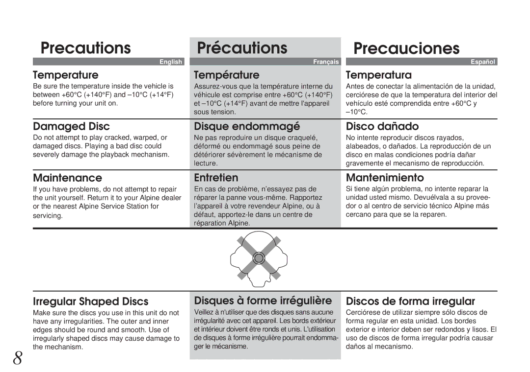 Alpine CHM-S653RF owner manual Precautions, Précautions, Precauciones 