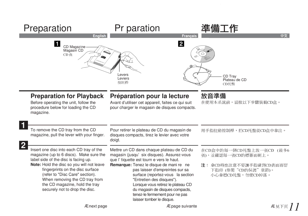 Alpine CHM-S655 owner manual Preparation Préparation, Preparation for Playback Préparation pour la lecture 