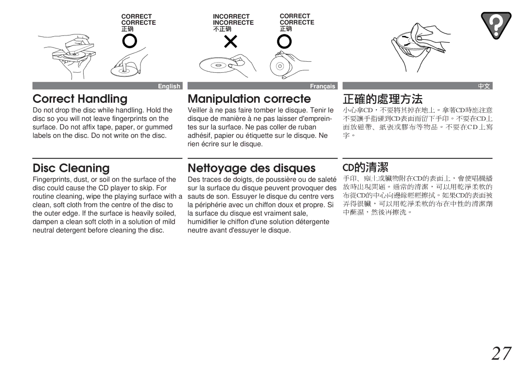 Alpine CHM-S655 owner manual Correct Handling, Manipulation correcte, Disc Cleaning, Nettoyage des disques 