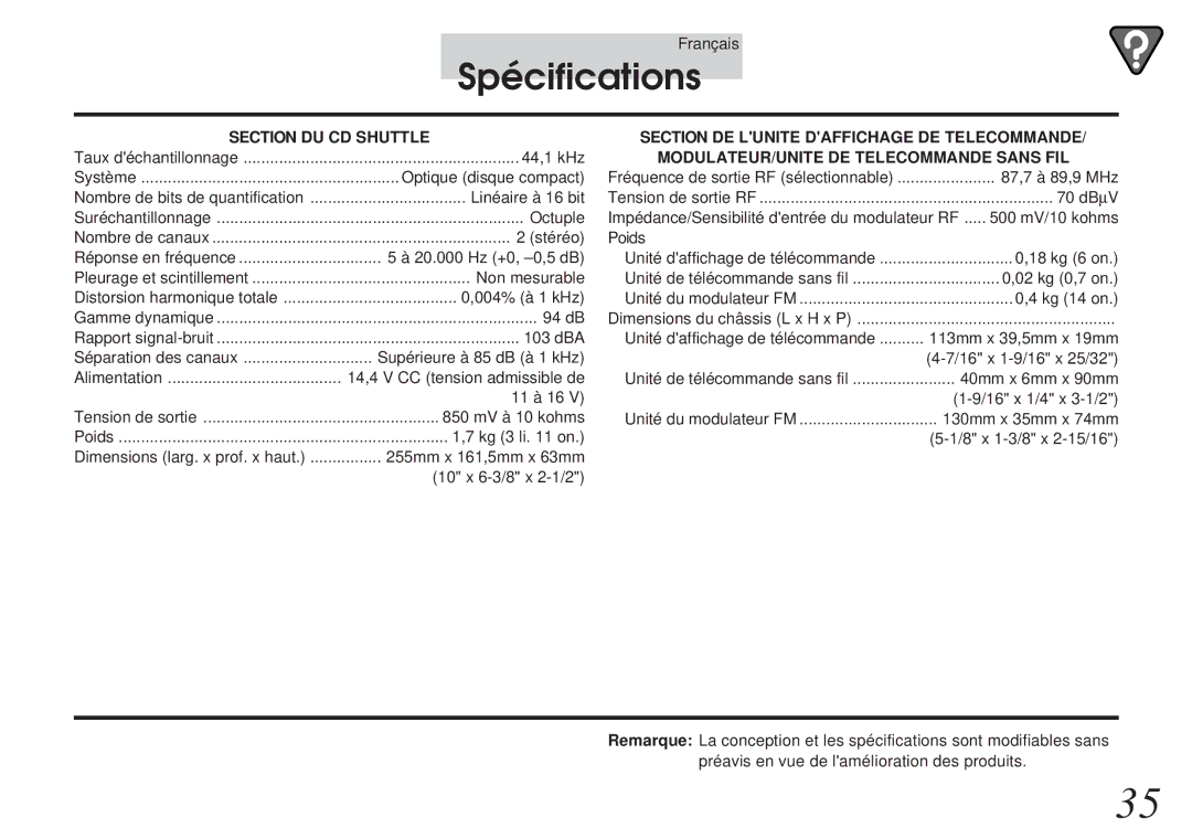 Alpine CHM-S655 owner manual Spécifications, Section DU CD Shuttle 